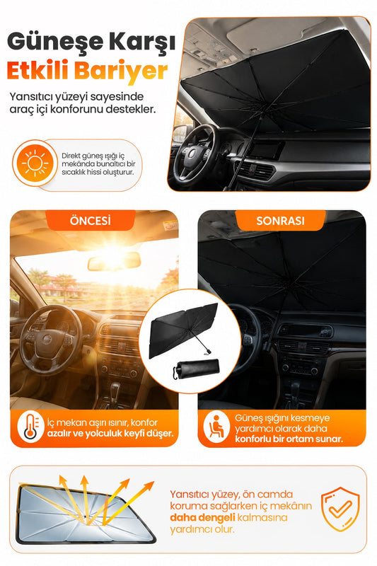 Şemsiye Tip Araç Güneşliği Ön Cam İçin Katlanabilir UV Korumalı Oto Güneşlik