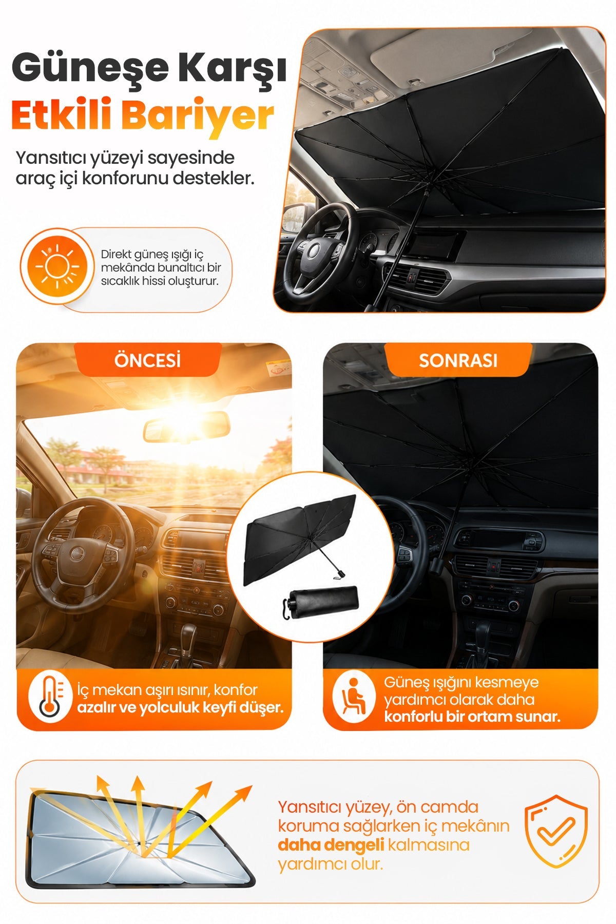Şemsiye Tip Araç Güneşliği Ön Cam İçin Katlanabilir UV Korumalı Oto Güneşlik