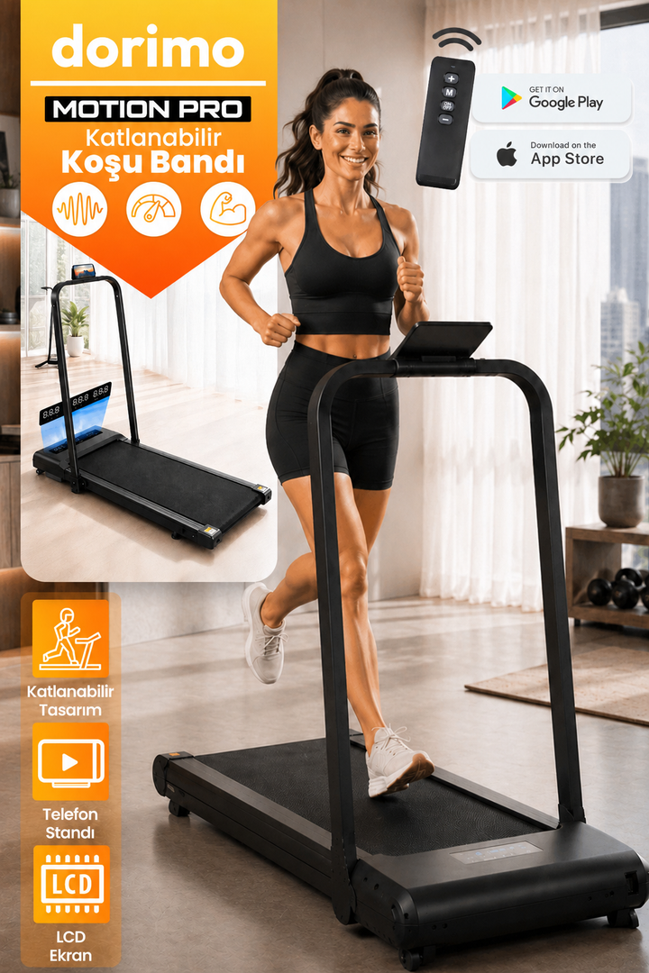 Dorimo Motion Pro Katlanabilir Koşu Bandı | 2 HP 130 kg 50x120 cm Bant 12 km/s Bluetooth Kumandalı Ev Tipi Yürüyüş Bandı